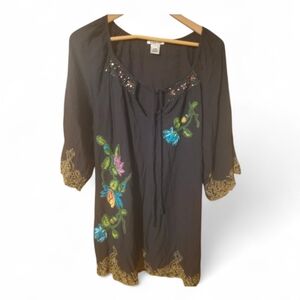KRISTA LEE Black Boho Beautiful Embroidered Beaded Tie Neck Tunic - Large